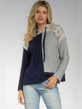Elan Navy Grey Color Block Hoodie Fuzzy Soft Sweater Animal Print Size Large